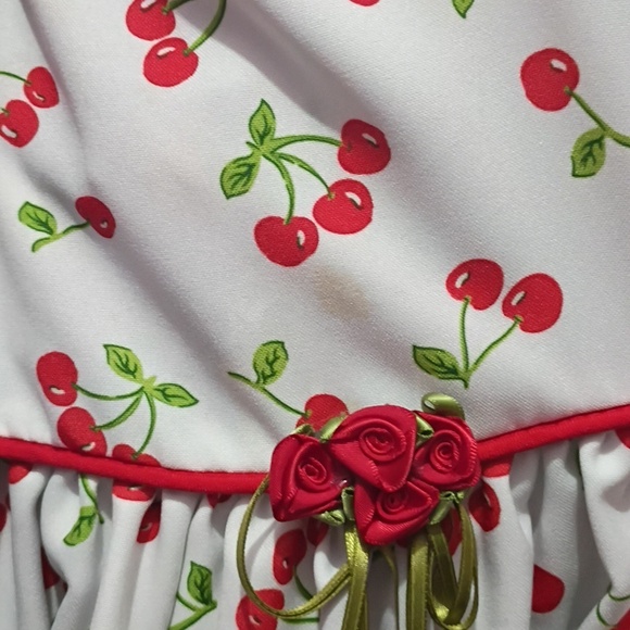 Girls White Cherry Print Sundress with Red Trim - Picture 13 of 15